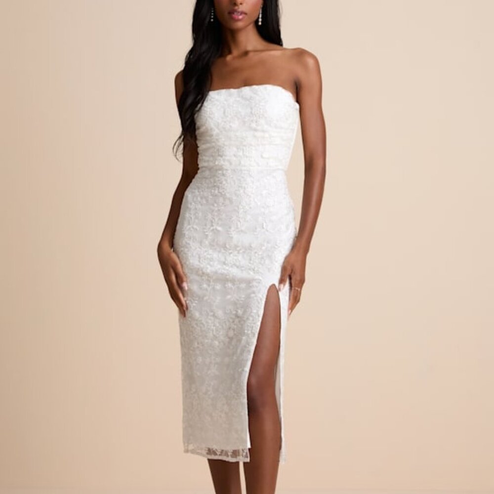 Lulus Tera White Floral Embroidered Strapless Midi Dress - Size L